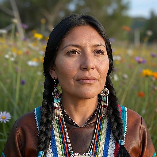 Photograph of a Native American woman with braided black hair, wearing colorful traditional jewelry and a brown leather top, standing in a vibrant flower field.