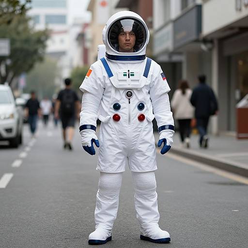 Photograph of a man in a white astronaut suit with a clear helmet, standing on a city street, with blurred pedestrians and buildings in the background.