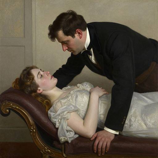 Photorealistic painting: Romantic-era man in black suit leans over woman in white dress on ornate chaise, gazing lovingly, against beige