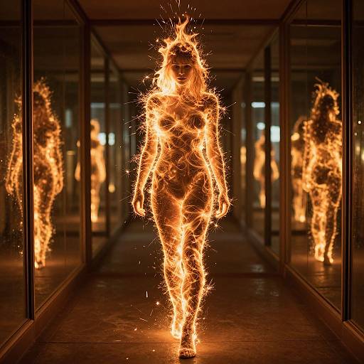Photograph of a fiery, glowing human silhouette standing in a dark, mirrored hallway, with reflections of the flame figure.