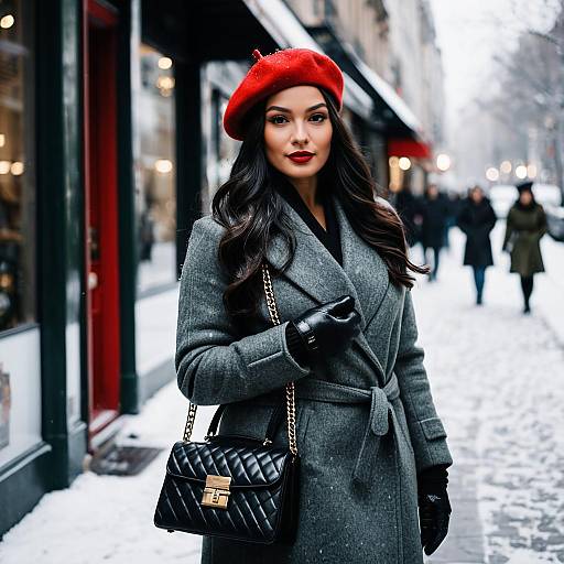 Elegant Woman in Red Beret and Grey Wool Coat on Snowy City Street