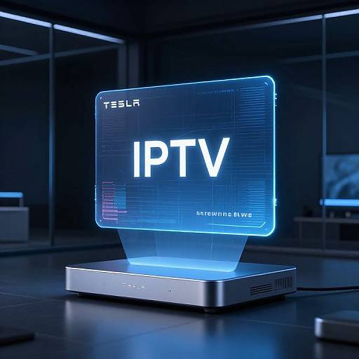 Photograph of a futuristic Tesla IPTV display with a glowing blue screen, showing 