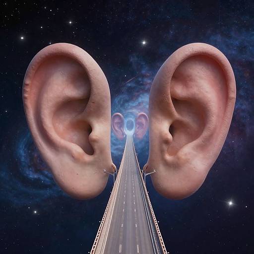 Digital artwork of two large, realistic human ears facing each other, centered on a glowing, celestial highway in a starry space.