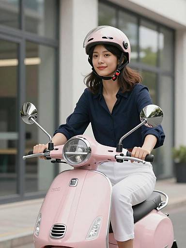 Woman Riding Pink Scooter in Urban Setting