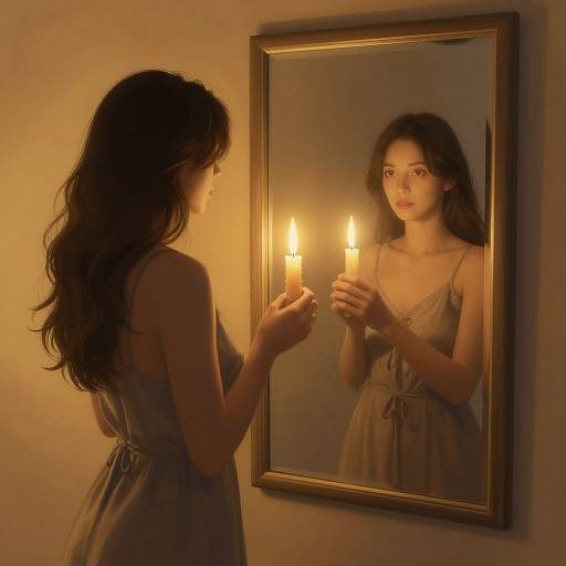 Photograph of a young woman with long, wavy black hair, wearing a sleeveless, beige dress, holding two lit candles, gazing into