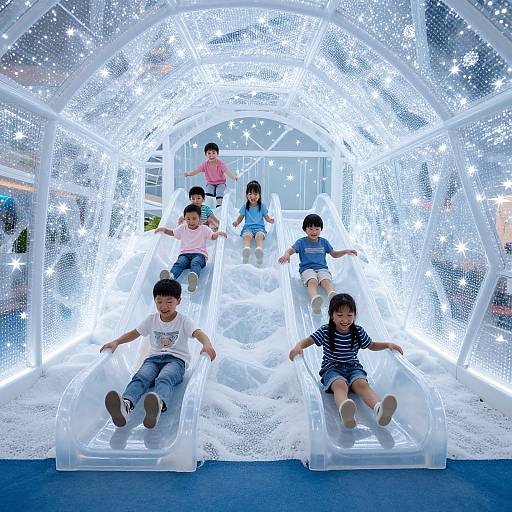 Photograph of six Asian children riding clear plastic sleds through a glowing, starlit, white tunnel in a brightly lit indoor setting.