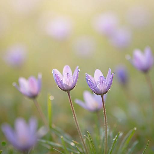 Photograph of delicate purple anemone flowers with light purple petals, standing tall in a blurred green and yellow field. Sunlight softly illuminates the