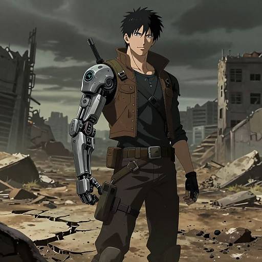 Anime-style digital illustration of a black-haired man with a cybernetic left arm, wearing a brown vest over a black shirt, standing in a post
