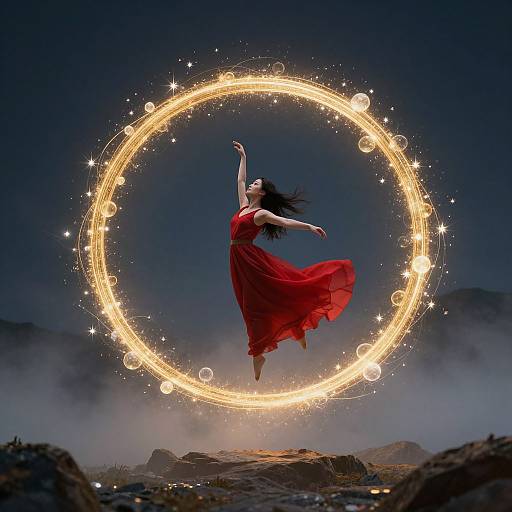 Photograph of a woman with long black hair, wearing a flowing red dress, mid-air, surrounded by a glowing, circular, magical light ring against