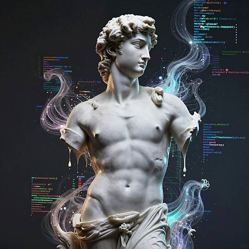 Digital artwork of a classical, white marble statue of a muscular, nude male with flowing hair, surrounded by glowing, ethereal blue and purple energy against