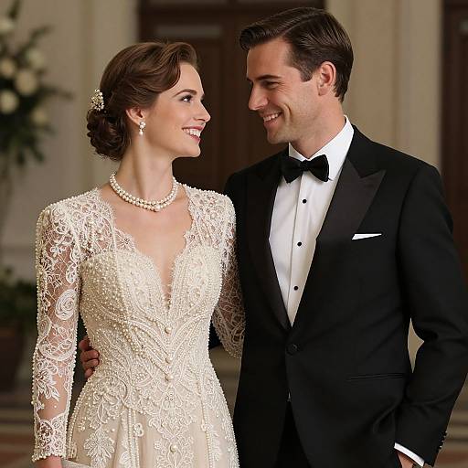 Photograph of a smiling couple in formal attire; the woman in an elegant white lace wedding dress, the man in a black tuxedo, standing