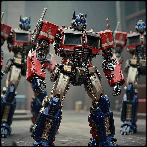 Photograph of three vibrant, red-and-blue, detailed Transformers standing in a row, with a foggy industrial background, showcasing metallic textures and dynamic st