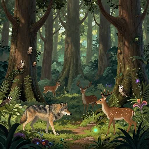 Fantasy Forest with Wolves, Deer, and Owls