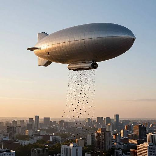 Photograph of a silver zeppelin with a large, oval body and small propellers, releasing a swarm of black birds over a sprawling city skyline at