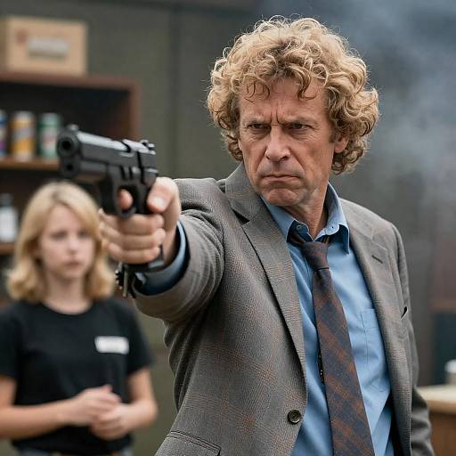 Intense Man with Gun in Smoky Setting