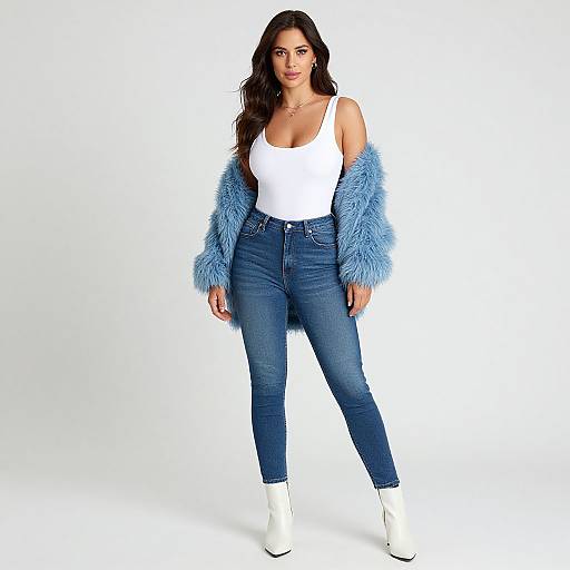 Photograph of a brunette woman with long wavy hair, wearing a white tank top, blue denim jeans, light blue fuzzy jacket, and white ankle