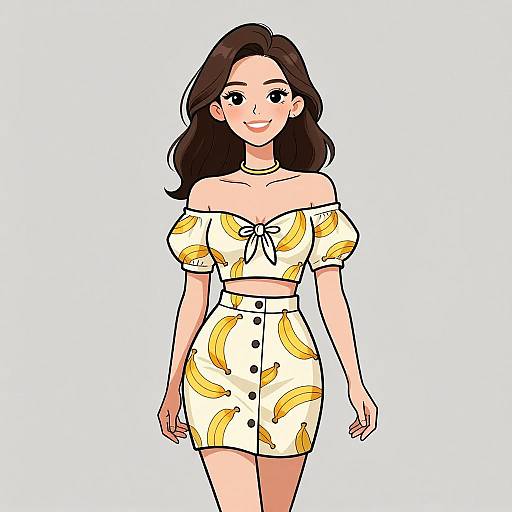 Digital illustration of a smiling Asian woman with long brown hair, wearing an off-shoulder banana print crop top and high-waisted skirt with buttons