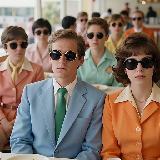Photograph of a 1960s retro classroom scene with men and women wearing sunglasses, colorful suits, and ties, seated in a row. Bright