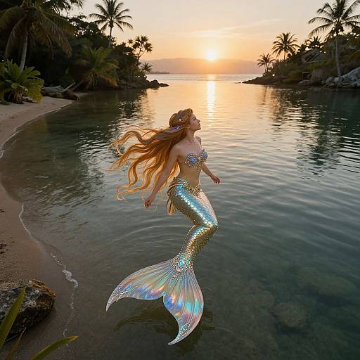 Photograph of a shimmering mermaid with long red hair, wearing a sparkling gold tail, swimming in a tropical lagoon at sunset with palm trees