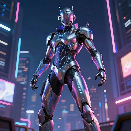 CGI image of a futuristic, silver, humanoid robot with glowing pink and blue accents standing in a neon-lit, cyberpunk cityscape.