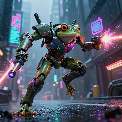 CGI image of a robotic frog with glowing red eyes, wielding laser guns, in a neon-lit, rainy urban street at night.