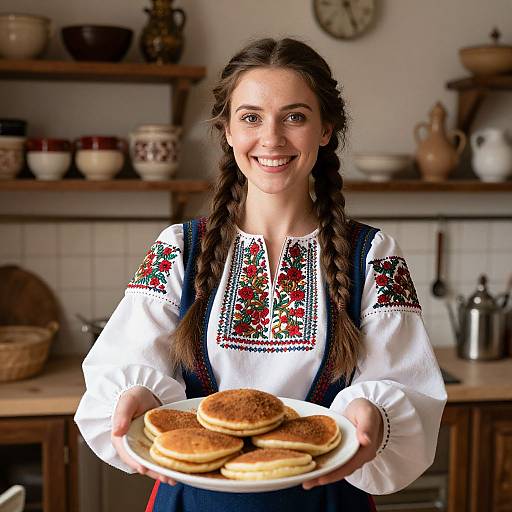 Warm Folk Woman with Pancakes