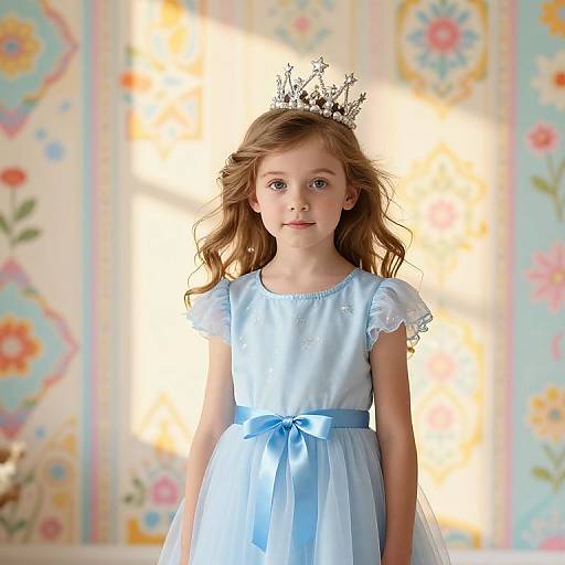 Photograph of a young girl with long brown hair, wearing a light blue dress and silver tiara, standing in front of a brightly lit, floral