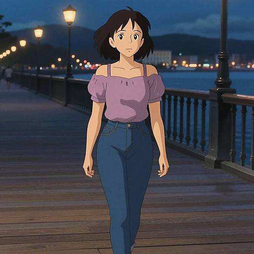 Studio Ghibli Style Woman on Boardwalk