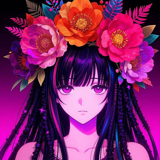Digital anime-style portrait of a girl with black dreads, purple eyes, and a vibrant floral crown, set against a pink-purple gradient background.