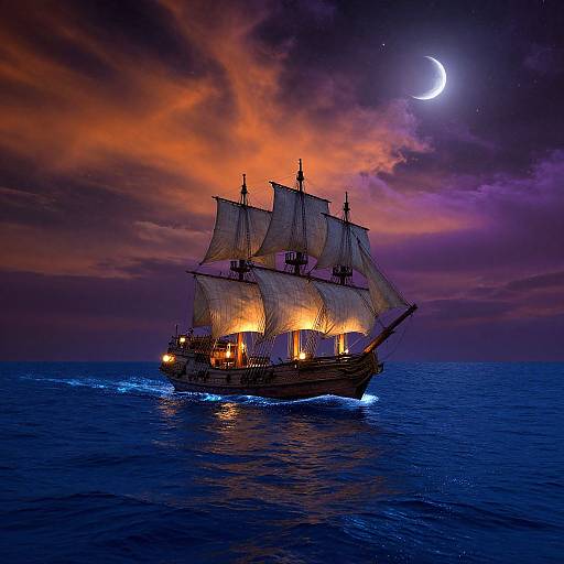 A vibrant, digital painting of a glowing ship with lit sails sailing under a purple and orange sunset sky, illuminated by a crescent moon.