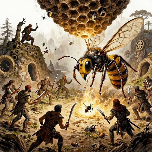Digital fantasy artwork: Warriors in medieval armor battle a giant bee with glowing eyes and transparent wings beneath a honeycomb-filled sky. Honeycombs and bees