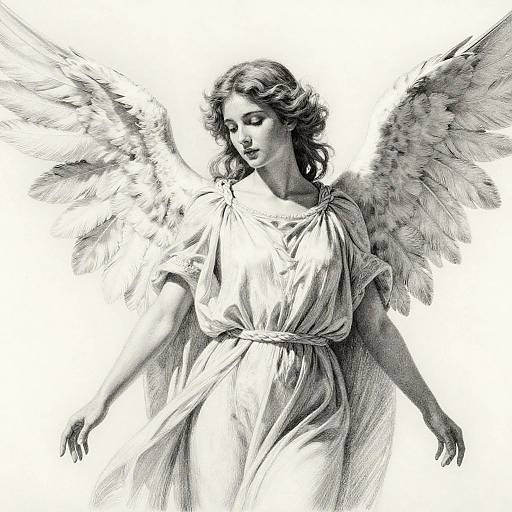 Black-and-white digital drawing of a serene angel with flowing hair, large detailed wings, and a draped, classical-style gown.