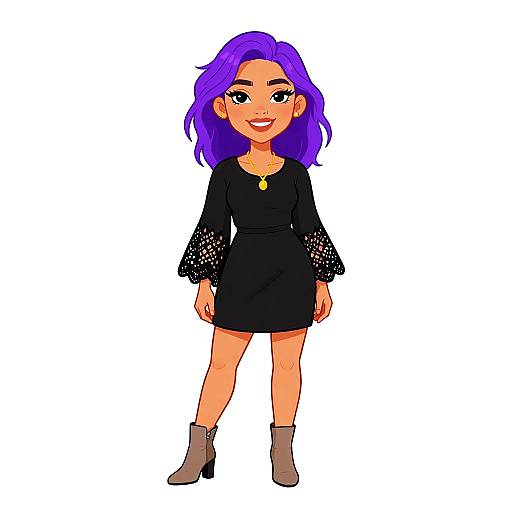 Digital cartoon of a smiling woman with purple hair, wearing a black dress with sparkly sleeves, gold necklace, and gray boots.
