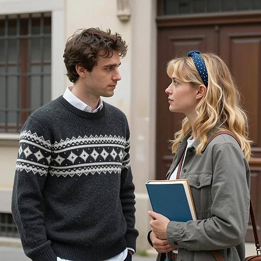 Young Couple Standing Outdoors Facing Each Other