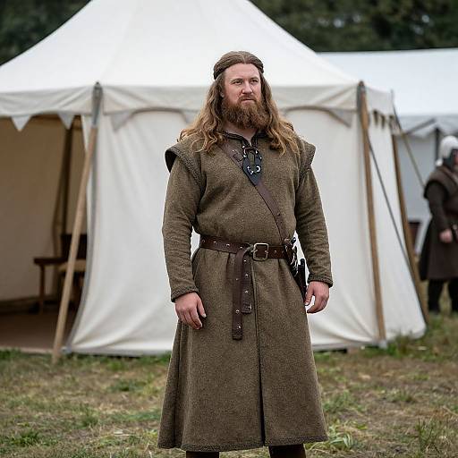 Photograph of a bearded man with long brown hair, wearing a brown medieval tunic and belt, standing in front of white tents.