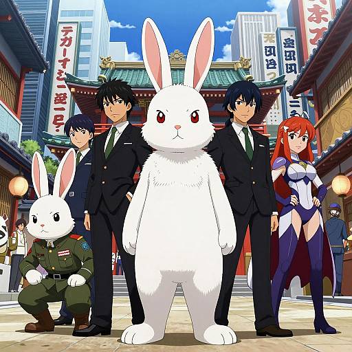Anime-style illustration of five characters: two tall men in black suits, a red-haired woman in a revealing outfit, a white rabbit in the center,