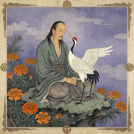 Zen Master with Crane in Ink Wash