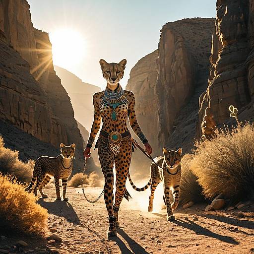 Cheetah-Headed Goddess with Wild Cats at Dawn