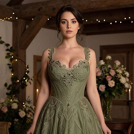 Photograph of a beautiful woman with dark hair in an ornate, green lace gown with a deep neckline, standing in a warmly lit, rustic room