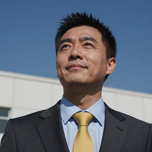 Businessman in Dark Suit Against Blue Sky