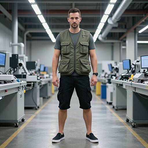 Photograph of a muscular, bearded man in a green vest, black shorts, and black sneakers standing in a brightly lit, modern industrial workspace with