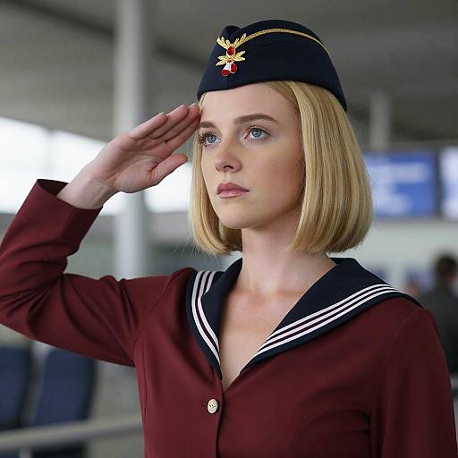 Photograph of a blonde, fair-skinned flight attendant with a bob haircut, saluting, wearing a maroon uniform with black and white trim,