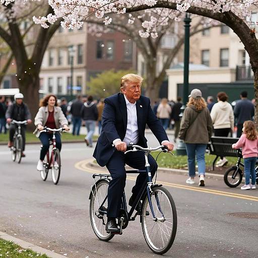 Photograph of Donald Trump in a dark suit riding a black bicycle on a city street, surrounded by cherry blossom trees and pedestrians. Background includes cyclists,