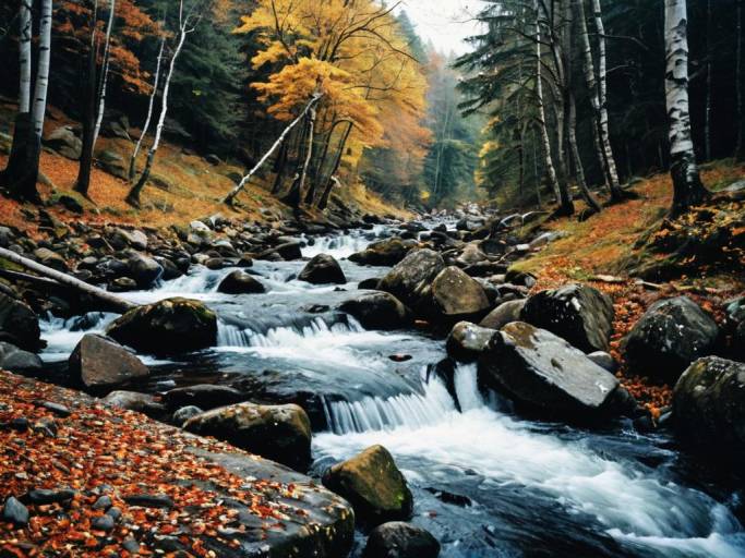 Serene Forest Stream in Autumn Colors