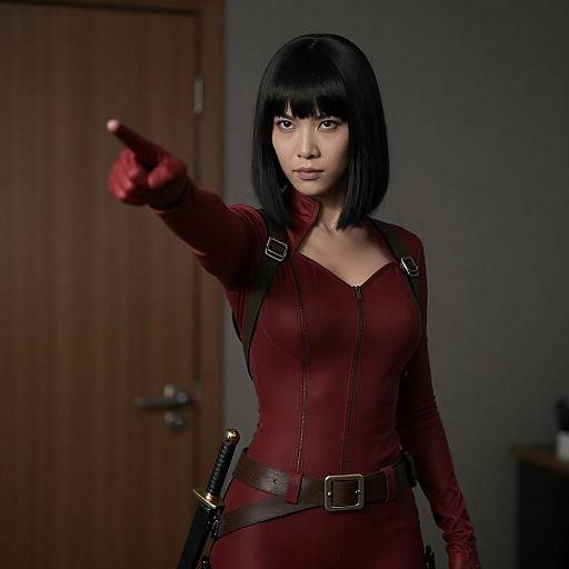 Determined Asian Woman in Red Bodysuit