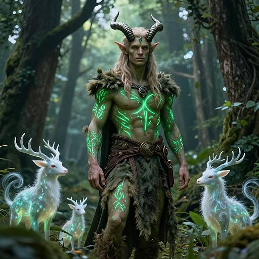 Photorealistic fantasy image: muscular, horned, green-marked elf with long hair, fur cloak, standing in enchanted forest, surrounded by glowing
