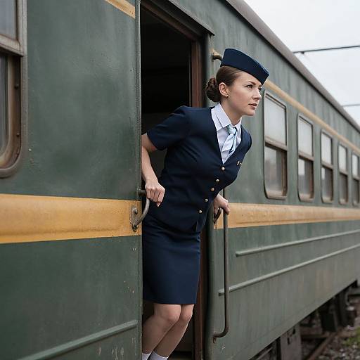 Photograph of a young Caucasian woman in a navy blue train conductor uniform with white shirt and hat, standing in an open train door, green and yellow