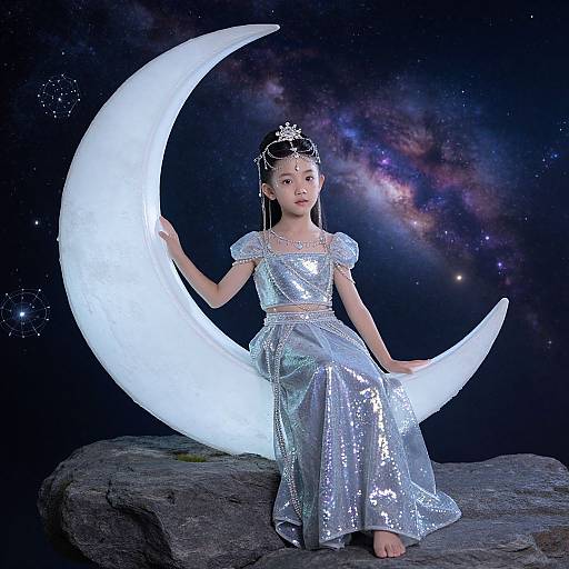 Asian girl in silver sequin dress and tiara, sitting on rock, holding glowing crescent moon, against starry galaxy background. Photographic image