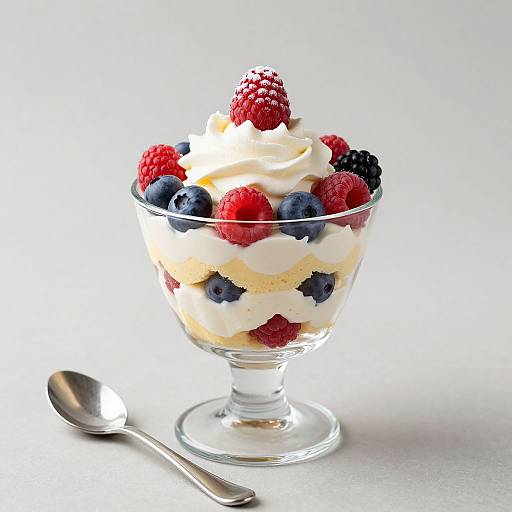 Photograph of a glass dessert bowl filled with layered whipped cream, blueberries, raspberries, blackberries, topped with a raspberry, and a silver