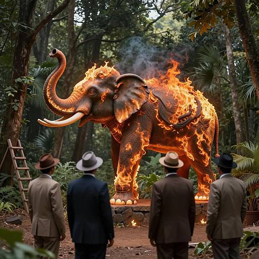 Fiery Elephant Statue Surrounded by Observers